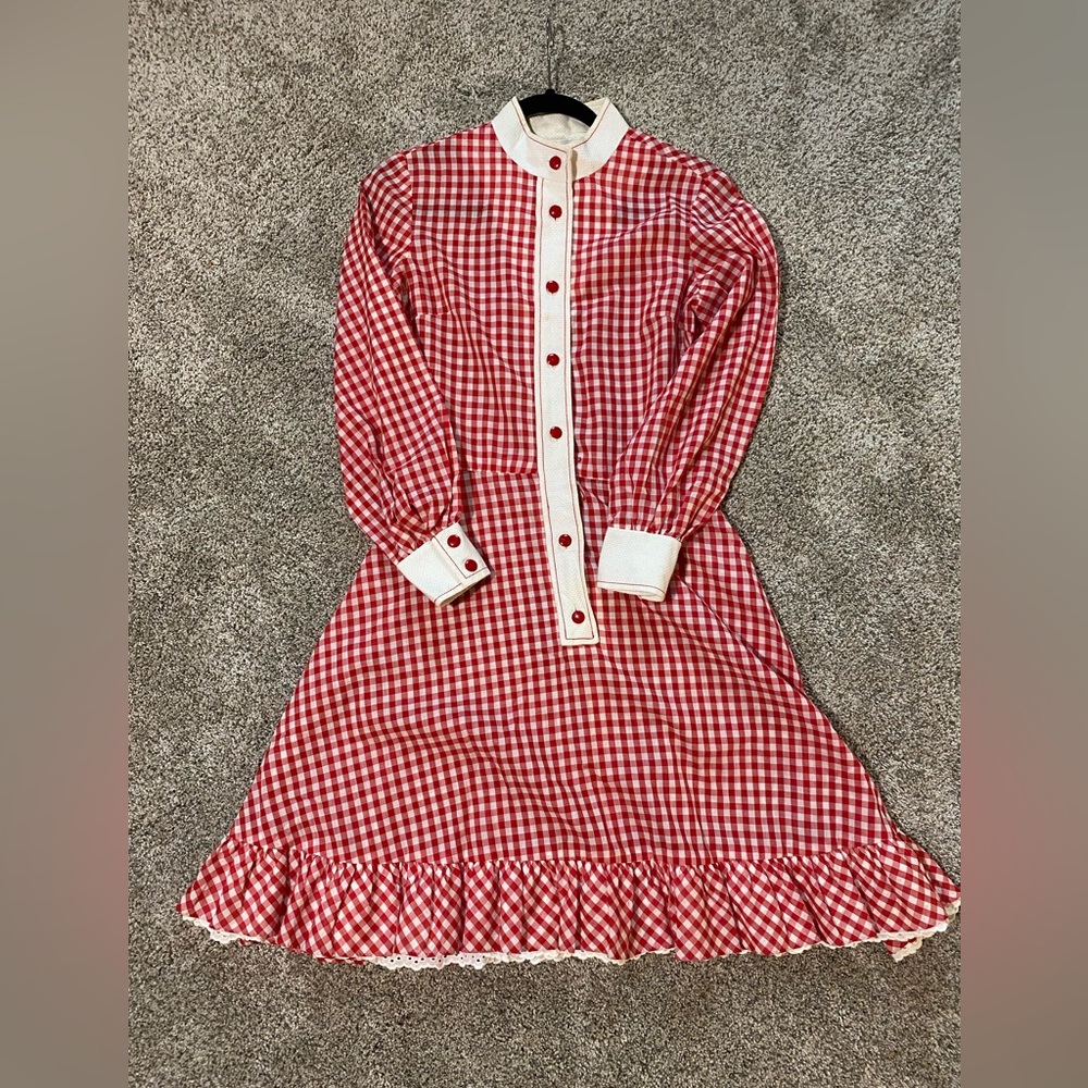 VINTAGE 60’s Shirtwaist Dress Gingham High Neck Long Sleeve A-Line Midi Length